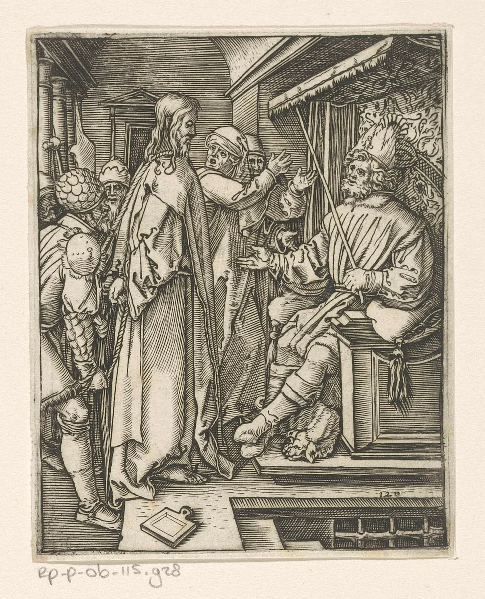 Christus voor Herodes by Marcantonio Raimondi, print, 1511-1534