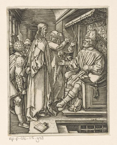 Christus voor Herodes by Marcantonio Raimondi, print, 1511-1534