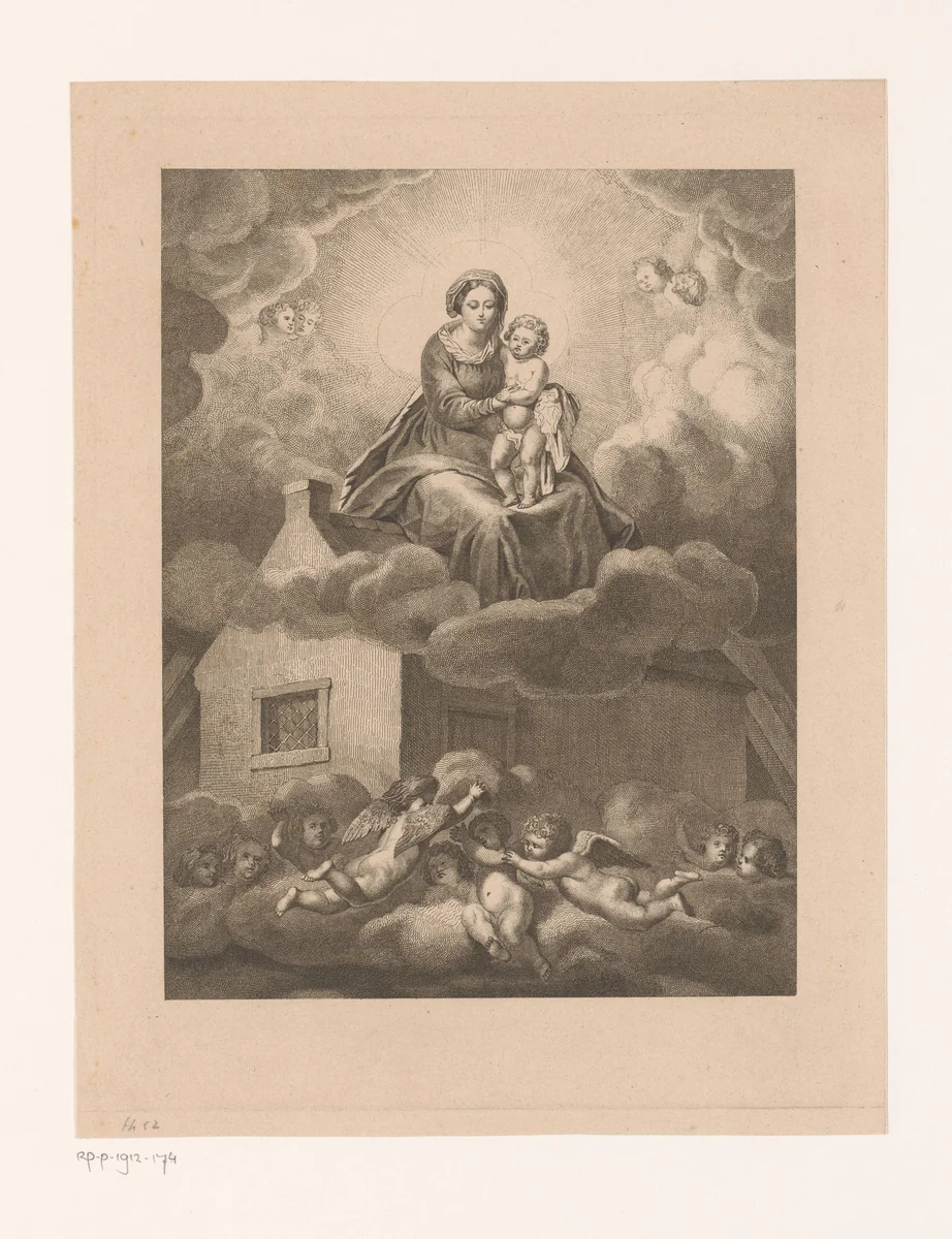 Engelen brengen het Heilig Huis naar Loreto by Jean Théodore Joseph Linnig, print, 1825-1891