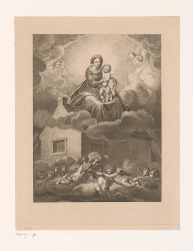 Engelen brengen het Heilig Huis naar Loreto by Jean Théodore Joseph Linnig, print, 1825-1891