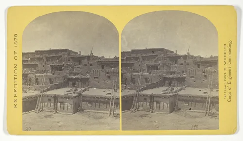 Indian Pueblo of Zuni, New Mexico; view from the interior. The "Pueblo" or town, encloses a quadrangular area within which are the ruins of a church built under the direction of the Jesuit missionaries. The houses are built one above the other to the height of five or six stories. The entrances are mostly from the top, the ascent and descent being made by ladders, No. 16 from the series "Geographical Explorations and Surveys West of the 100th Meridian" by Timothy O'Sullivan, photograph, 1873