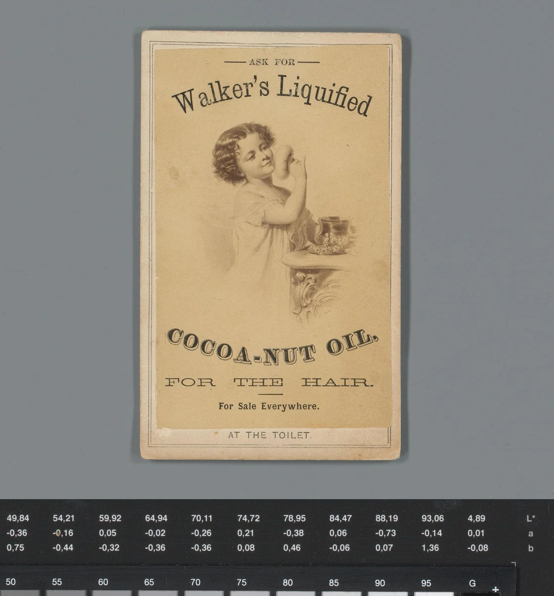 Reclame voor kokosolie van Walker met reproductie van een prent van een meisje dat haar make-up doet by anonymous, photograph, 1850-1915