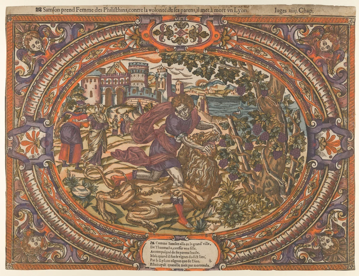 Samson and the Lion, from "The Story of Samson" by anonymous, print, 1555-1585