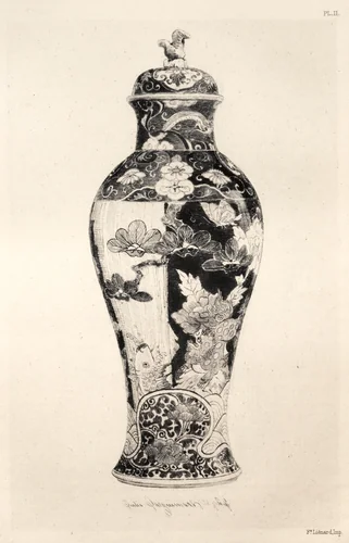 History of the Ceramic Art: A Descriptive and Philosophical Study of the Pottery of All Ages and All Nations: Japan: Chrysanthemo-Paeonian Family. -Jar, "Potiche," with the Dog of Fo, and a Carp Leaping Out of the Water (Plate III) by Jules Jacquemart, book, 1877