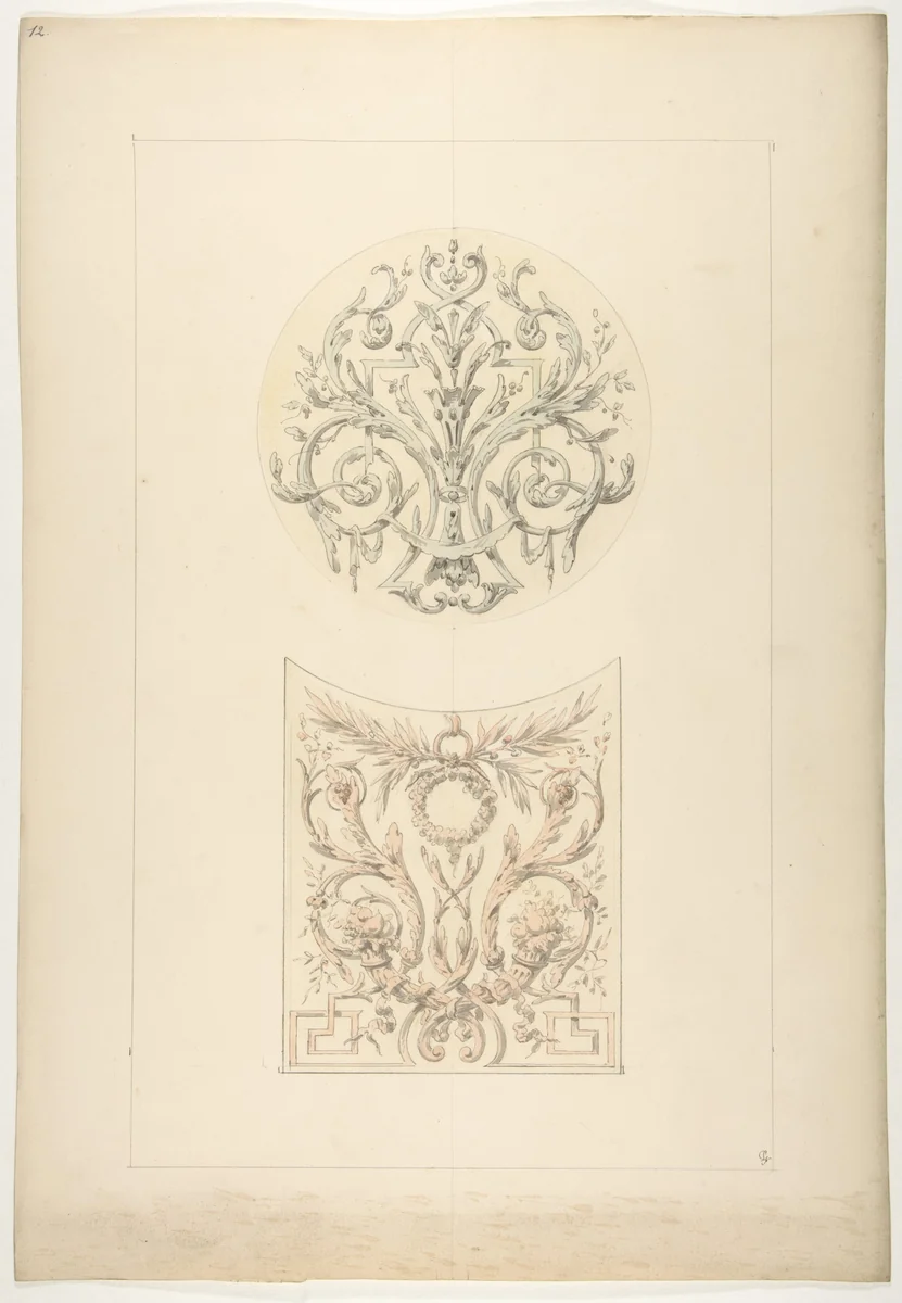 Two designs for decorative motifs featuring cornucopia and rinceaux by Jules-Edmond-Charles Lachaise, drawing, 1830-1897