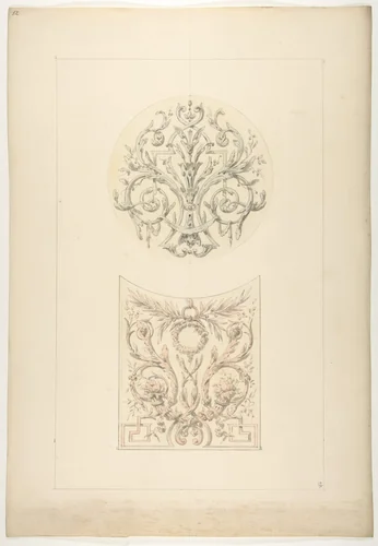 Two designs for decorative motifs featuring cornucopia and rinceaux by Jules-Edmond-Charles Lachaise, drawing, 1830-1897
