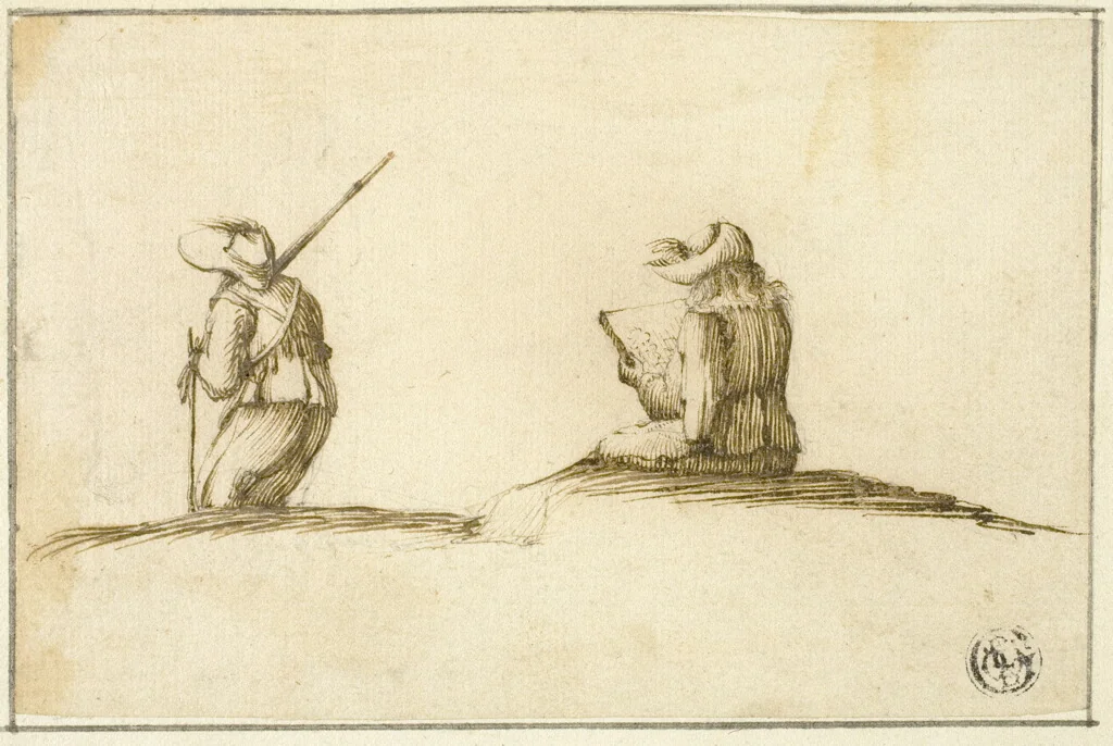 Artist Sketching, and Soldier, Both Seen from Back by Stefano della Bella, drawing, 1630-1664