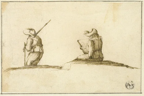 Artist Sketching, and Soldier, Both Seen from Back by Stefano della Bella, drawing, 1630-1664