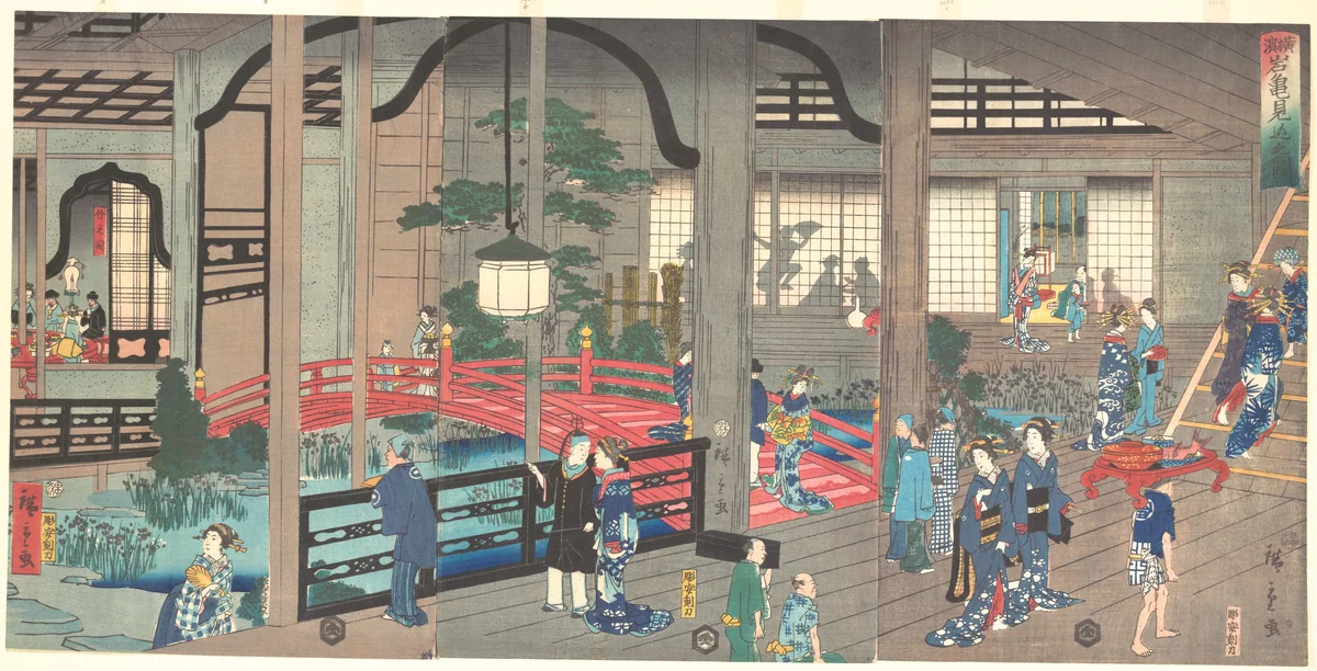 The Interior of the Gankiro Tea House in Yokohama by Suzuki Hiroshige II, print, 1861