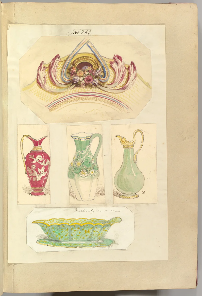 Designs for an Pierced Border Ornament, Three Pitchers and an Open Basin (recto); Design for a Candle Stick (verso) by Alfred Forrester, drawing, 1845-1855