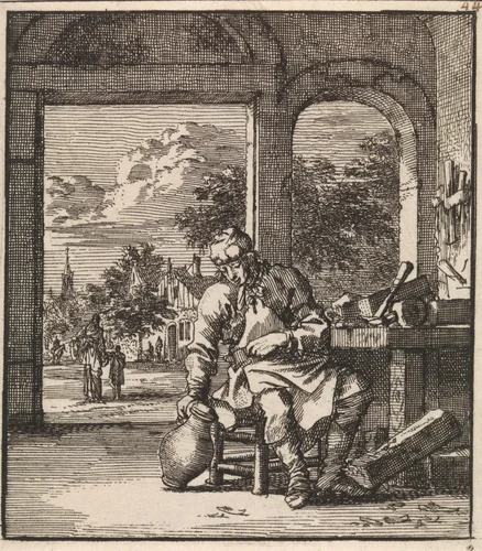 Naast een schaafbank zit een man met een kan by Jan Luyken, print, 1711