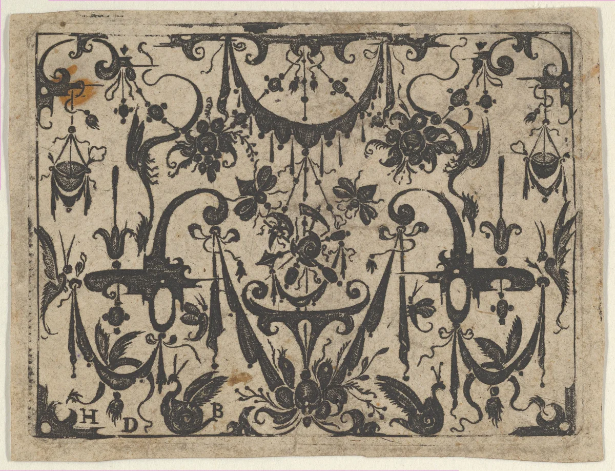Blackwork Print with a Trophy at Center Surrounded by Grotesques and Swag Drapery by Hans de Bull, print, 1592-1604
