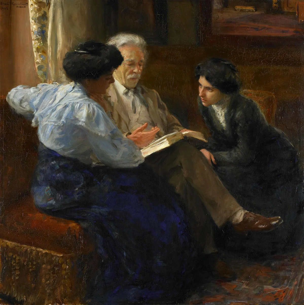Alphons Marie Antoine Joseph Grandmont (1837-1909), the Artist's second husband, Tutoring two Italian Girls by Bramine Hubrecht, painting, 1900-1909