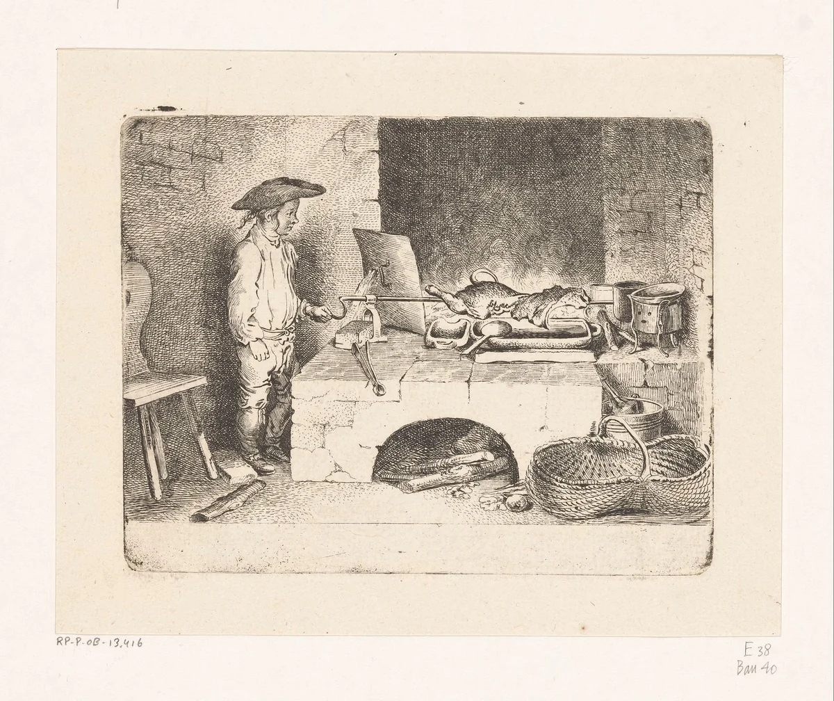 Jongen bij het spit by Daniel Nikolaus Chodowiecki, print, 1764