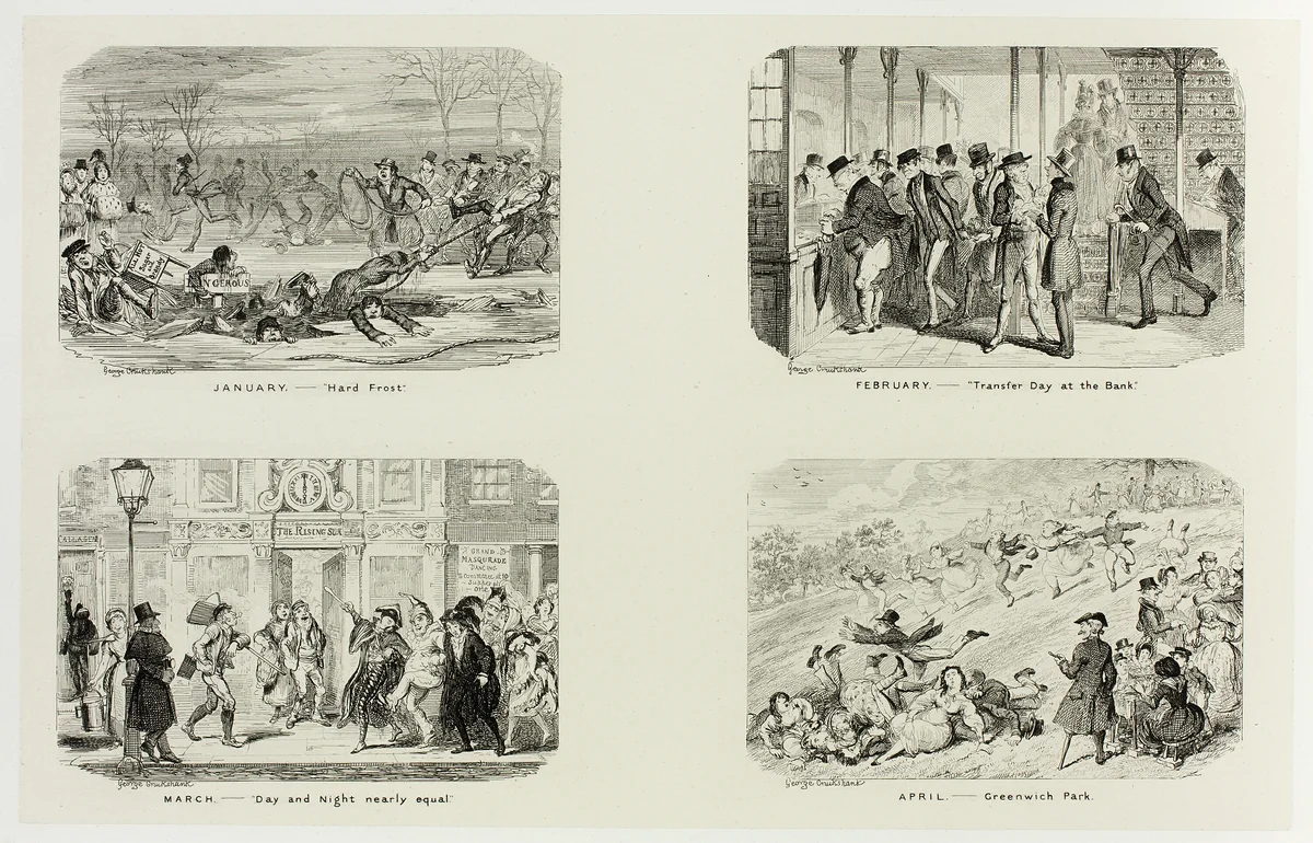 January – "Hard Frost" from George Cruikshank's Steel Etchings to The Comic Almanacks: 1835-1853 (top left) by George Cruikshank, print, 1836