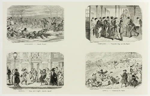 January – "Hard Frost" from George Cruikshank's Steel Etchings to The Comic Almanacks: 1835-1853 (top left) by George Cruikshank, print, 1836