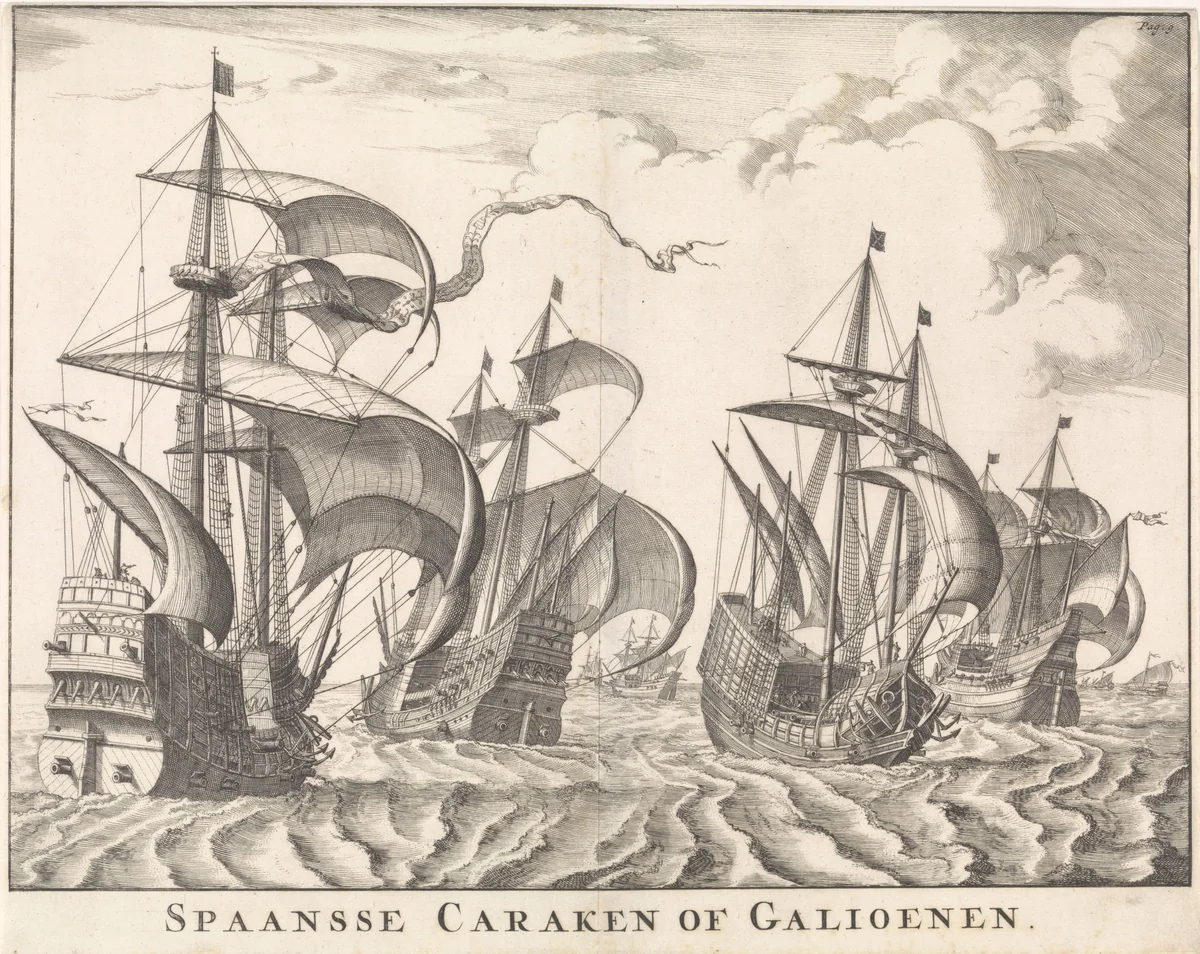 Spaanse galjoenen op zee by Jan Luyken, print, 1697