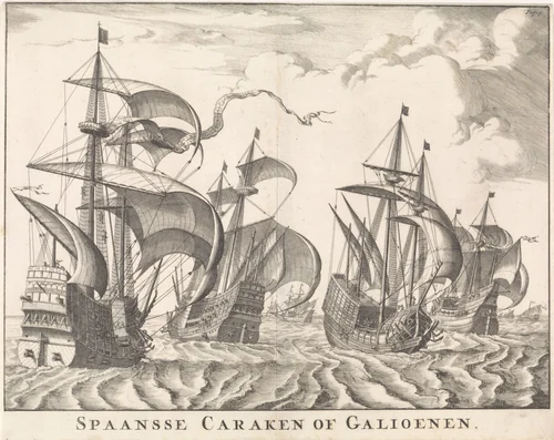 Spaanse galjoenen op zee by Jan Luyken, print, 1697