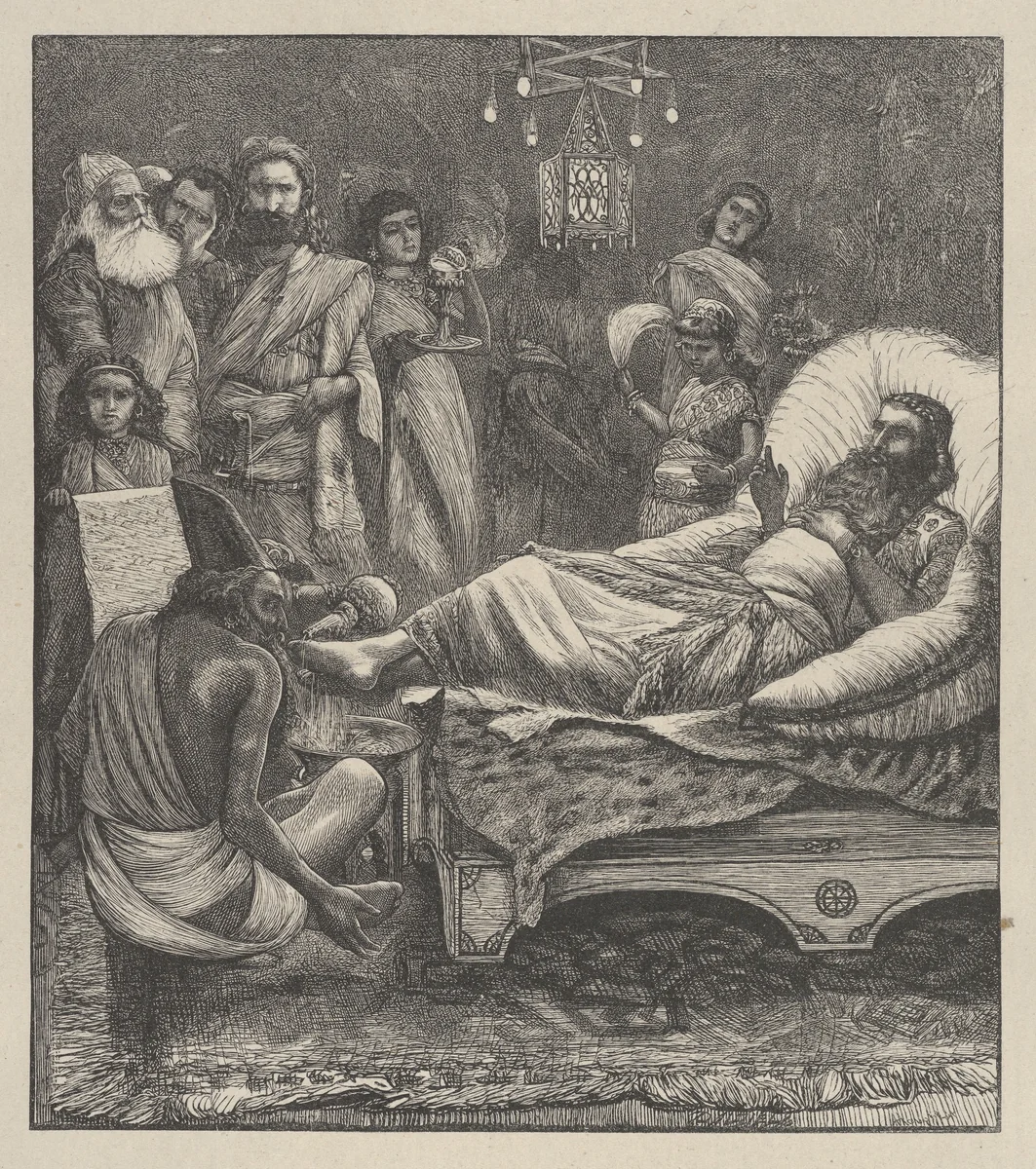The Chronicles Being Read to the King, from "Dalziels' Bible Gallery" by Arthur Boyd Houghton, print, 1865-1881