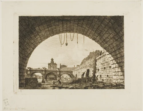 Pont-Neuf and the Samaritaine Seen from Under the First Arch of the Pont-au-Change, Paris by Charles Meryon, print, 1855