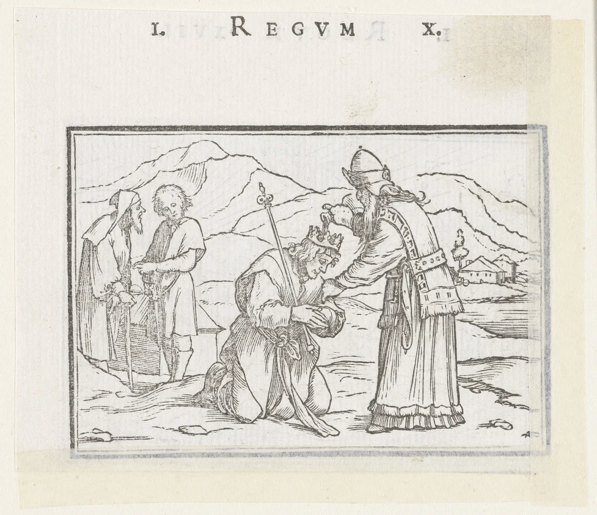 Samuel zalft Saul tot koning by Hans Holbein, print, 1538