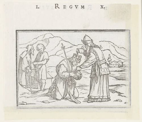 Samuel zalft Saul tot koning by Hans Holbein, print, 1538