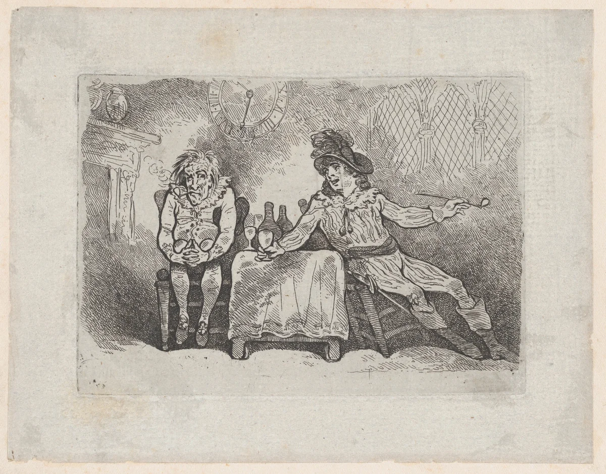 Two Men Smoking and Drinking (Charles and Jack Bannister in Henry IV, Part I) by Thomas Rowlandson, print, 1778-1783