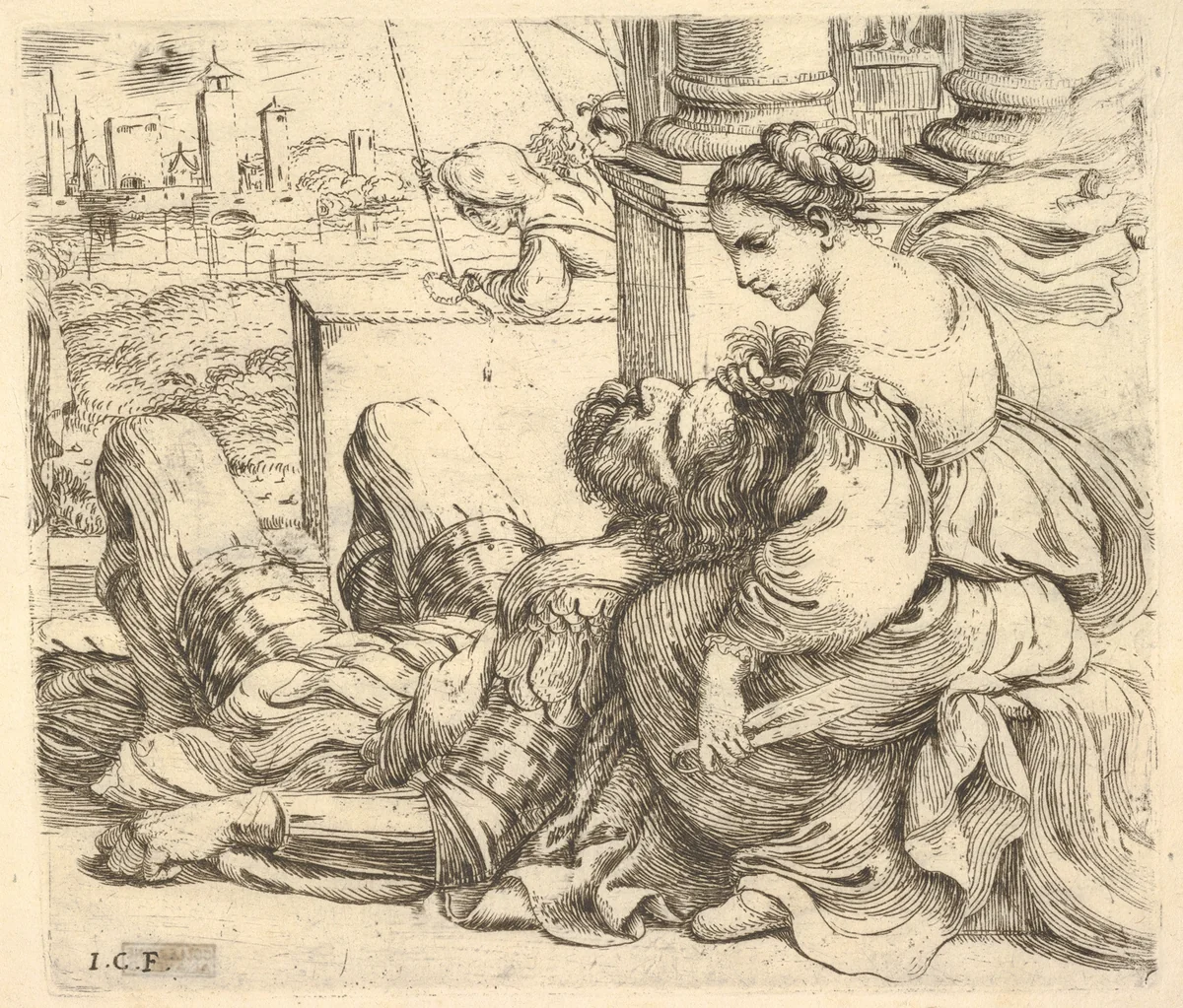 Delilah holding Samson's hair and a pair of scissors by Giuseppe Caletti, print, 1620-1630