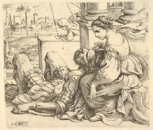 Delilah holding Samson's hair and a pair of scissors by Giuseppe Caletti, print, 1620-1630