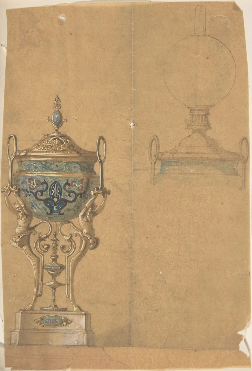 Stone Vessel Supported on Legs in the Form of Fauns, with a Metal Lid by anonymous, drawing, 1850-1900