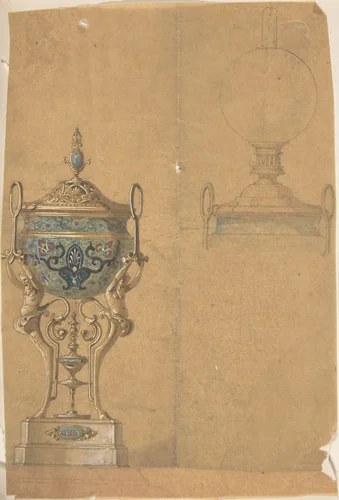 Stone Vessel Supported on Legs in the Form of Fauns, with a Metal Lid by anonymous, drawing, 1850-1900