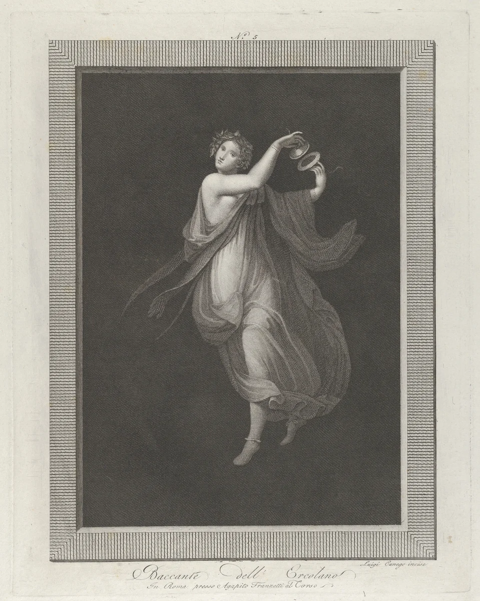 A bacchante, a garland on her head, and playing cymbals, set against a black background inside a rectangular frame by Aloysio Cunego, print, 1795-1820