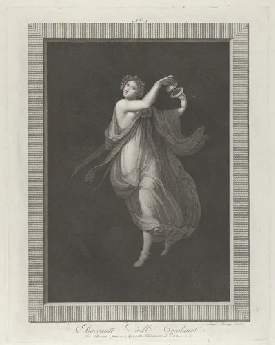 A bacchante, a garland on her head, and playing cymbals, set against a black background inside a rectangular frame by Aloysio Cunego, print, 1795-1820