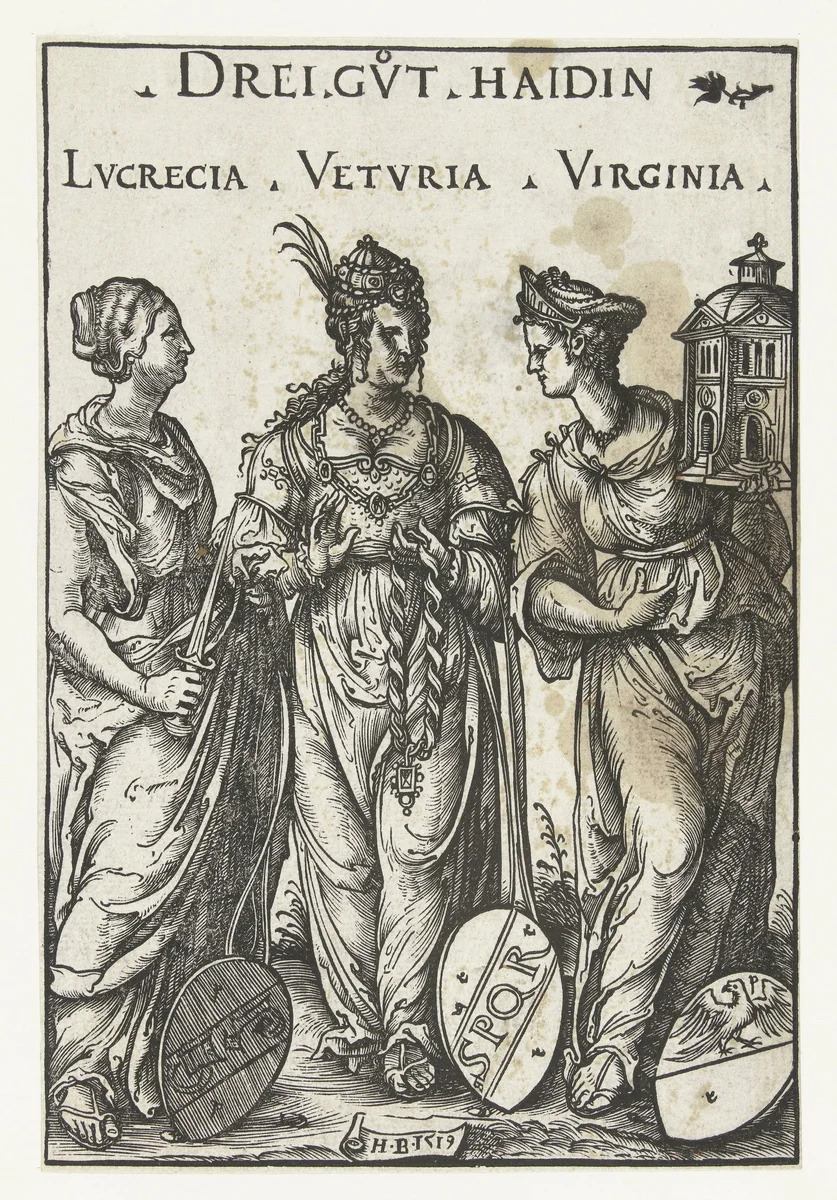 Heilige Lucretia, Veturia en Virginia als drie heidense heldinnen by Unknown, print, 1519