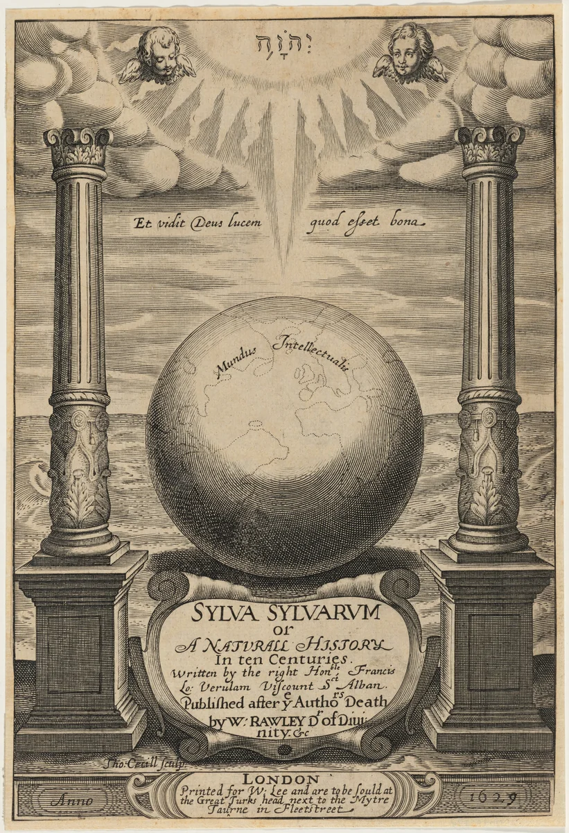 Title Page for Sylva Sylvarum, Francis Bacon by Thomas Cecil, print, 1629