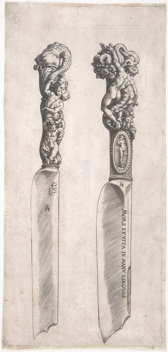 Design for Two Knife Handles by Cherubino Alberti, print, 1553-1615