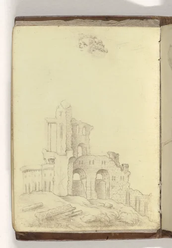 Schets van een ruïne en hoofd van kind by anonymous, drawing, 1585-1587