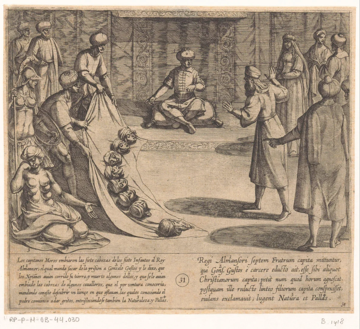 In aanwezigheid van Almanzor, identificeert Gonzalo Gustos de hoofden van zijn zonen by Antonio Tempesta, print, 1612