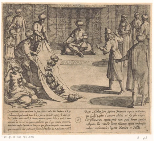 In aanwezigheid van Almanzor, identificeert Gonzalo Gustos de hoofden van zijn zonen by Antonio Tempesta, print, 1612