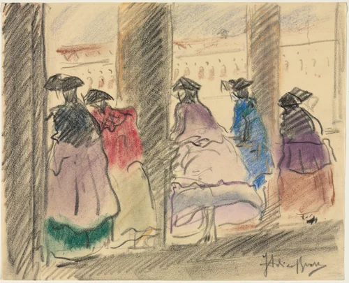 Figures in Masquerade on the Loggia of the Ducal Palace, Venice by Italico Brass, drawing, 1925