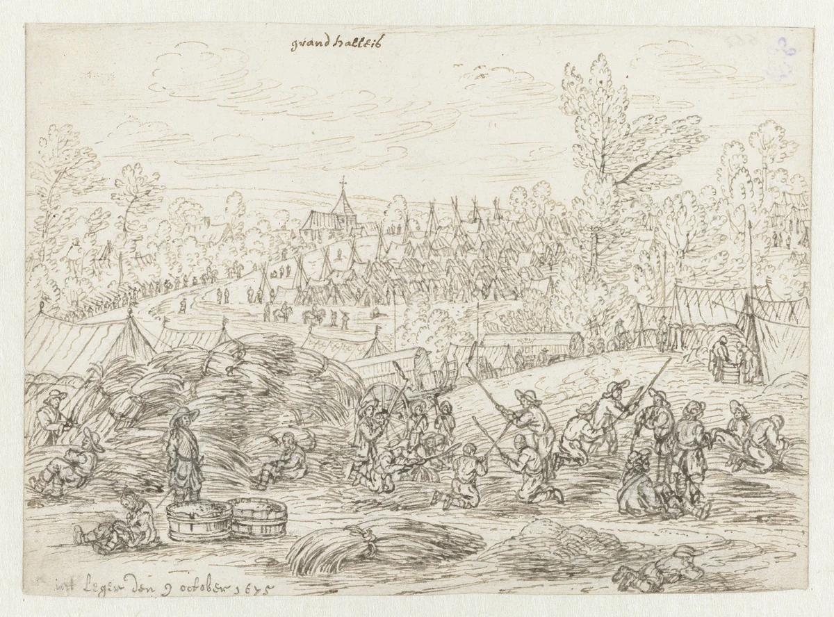 View of an Encampment of the Army of Willem III near Grand-Hallet, Liège by Josua de Grave, drawing, 1675