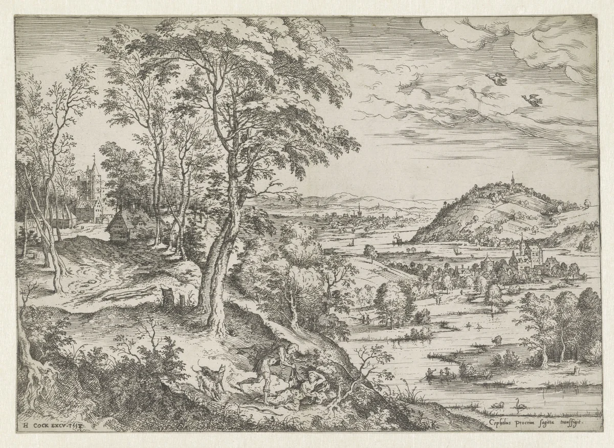 Cephalus en Procris by Hieronymus Cock, print, 1558
