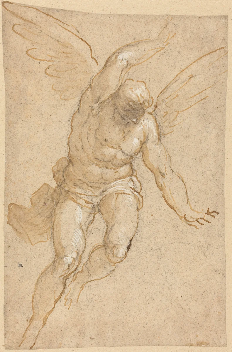 A Flying Angel by Jacopo Palma il Giovane, drawing, 1580-1590