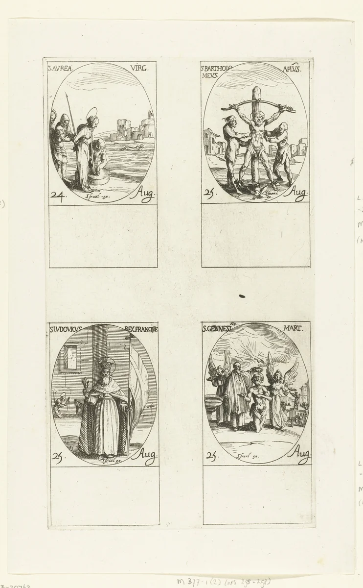 Heilige Aurea van Ostia, Heilige Bartholomeüs, Heilige Lodewijk IX van Frankrijk, Heilige Genesius de Toneelspeler (24-25 augustus) by Jacques Callot, print, 1632-1636