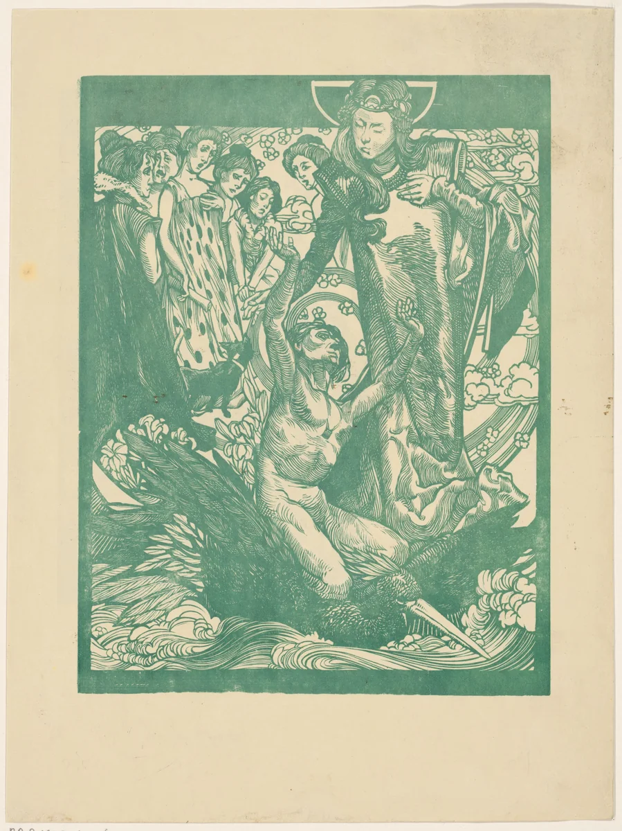 Vrouwenfiguren met man op rug van vogel by Johannes Josephus Aarts, print, 1881-1934