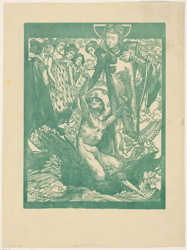 Vrouwenfiguren met man op rug van vogel by Johannes Josephus Aarts, print, 1881-1934