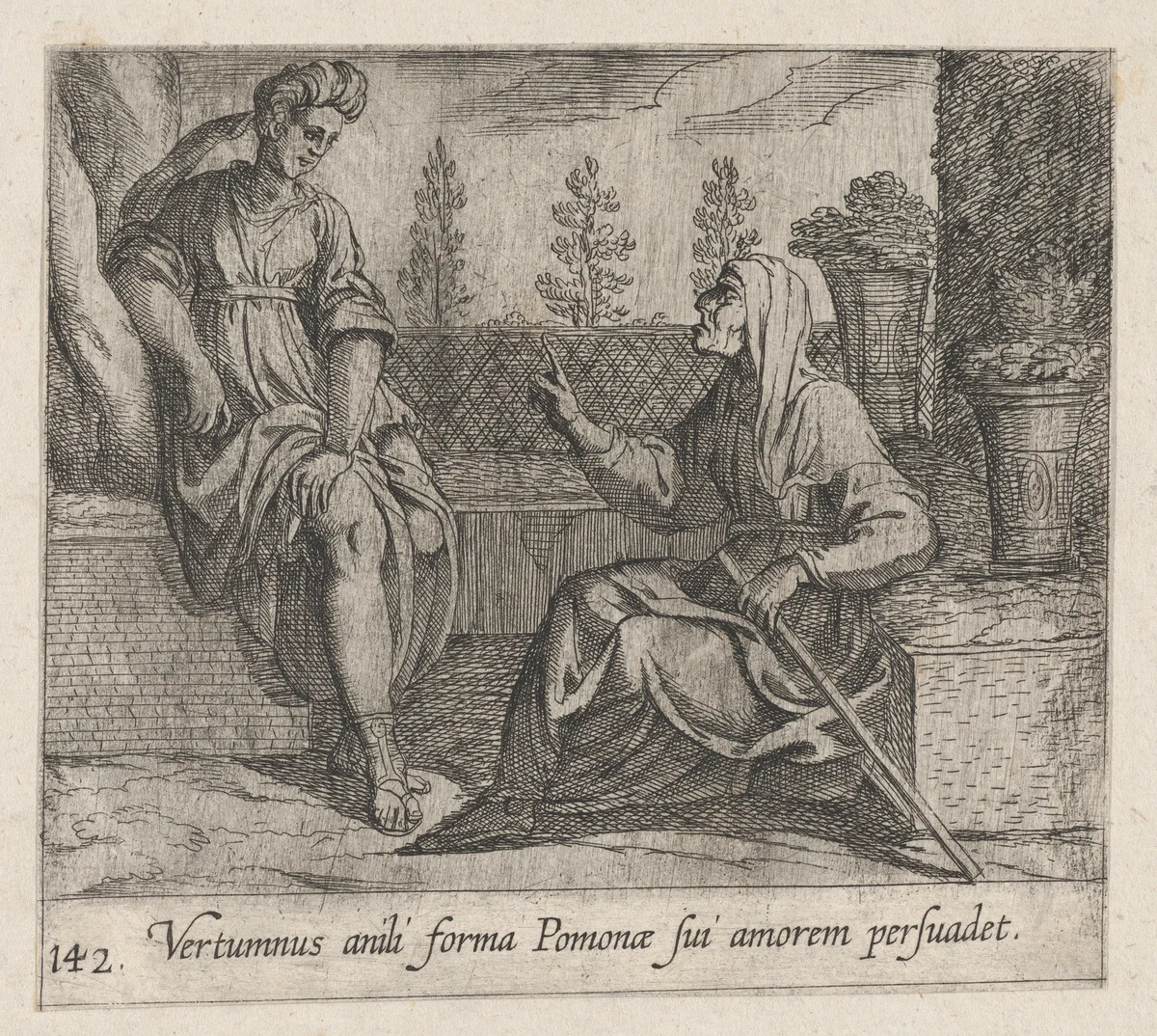 Plate 142: Pomona and Vertumnus (Vertumnus anili forma Pomonae sui amorem persuadet), from Ovid's 'Metamorphoses' by Antonio Tempesta, print, 1606