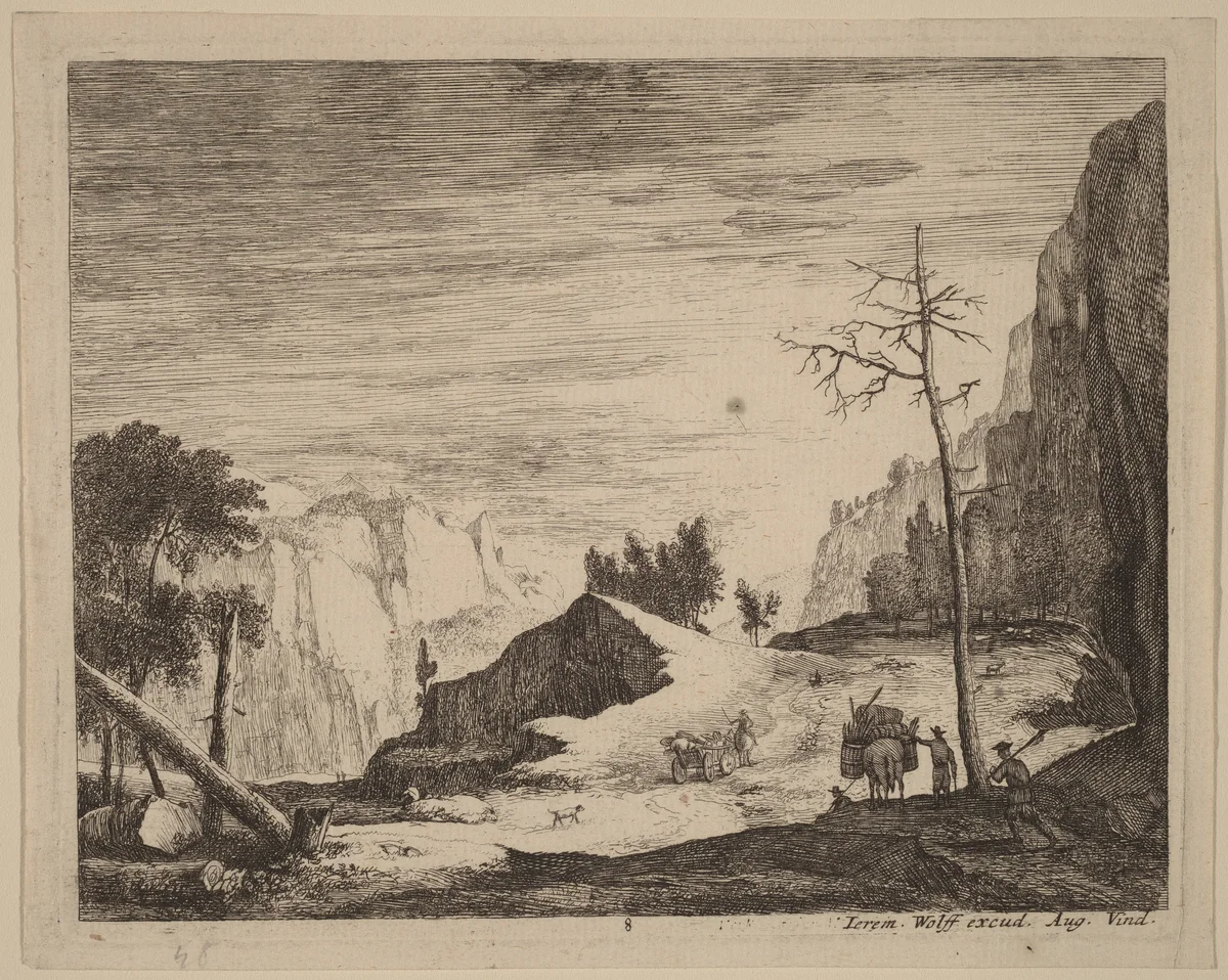 Mountainous Landscape with a Cart: pl.8 by Roelant Roghman
Melchior Küsel
Jeremias Wolff, print, 1627-1692