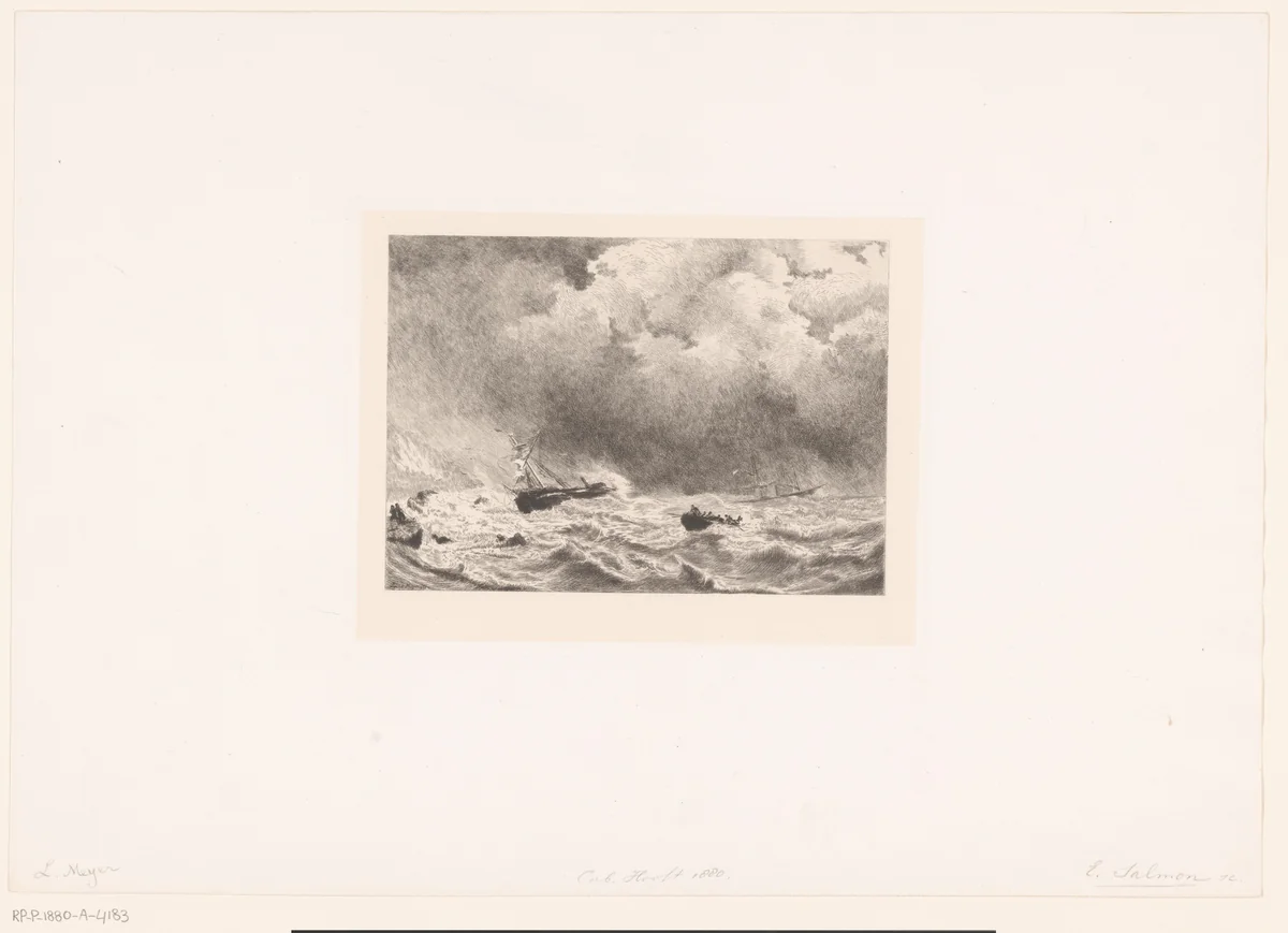 Zeegezicht met schipbreuk by Emile Frédéric Salmon, print, 1850-1880