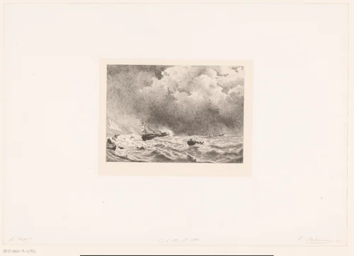 Zeegezicht met schipbreuk by Emile Frédéric Salmon, print, 1850-1880